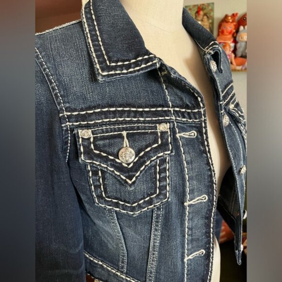 Miss Me Dark Blue Denim Jacket with White Stitching - Picture 2 of 6